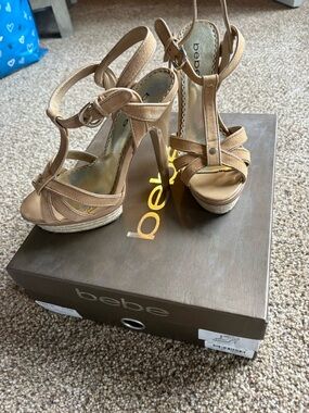 bebe Tan Strappy T‑Bar Platform Heels